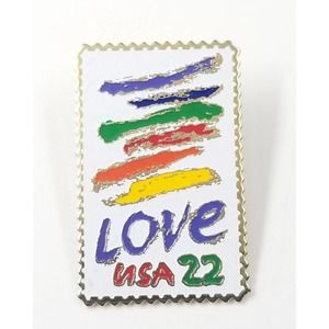 VTG Love Crayon Rainbow USPS USA 22 C Stamp Enamel Pin Jayne Co White Blue Red..